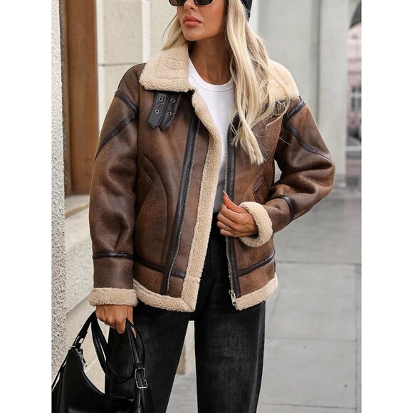 Women brown LY VAREY LIN Faux Leather Sherpa Aviator Bomber Jacket - Picture 3 of 7
